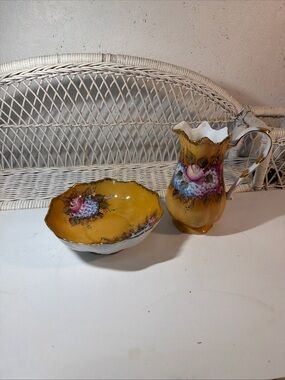 Painted Porcelain Pitcher & Bowl Decorative Rose & Hydrangea Gold Gilt Beautiful